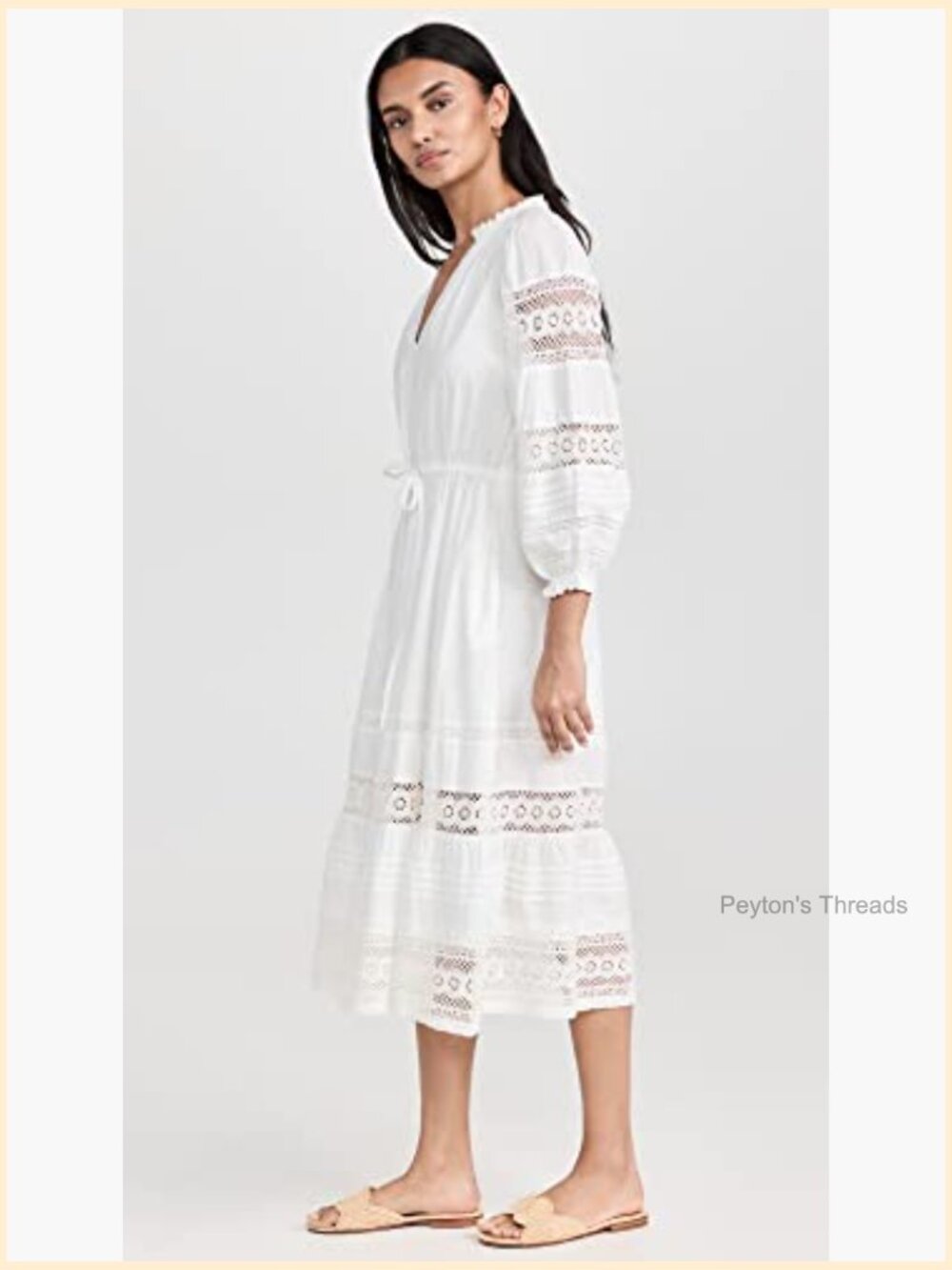 Cotton Lace V-Neck Long Sleeve Midi Dress Pull On - Picture 4 of 6